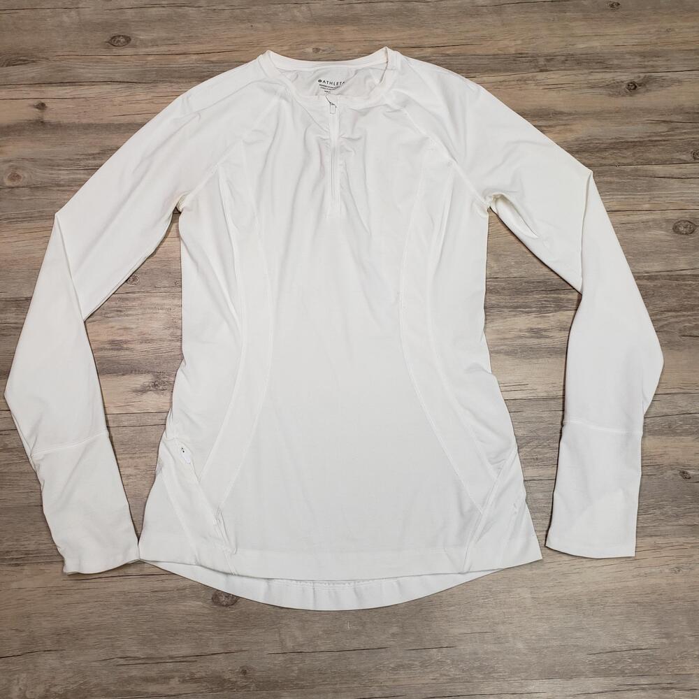Athleta Shirt Womens Small White Lightweight 1/4 Zip Long Sleeve Pocket Athletic